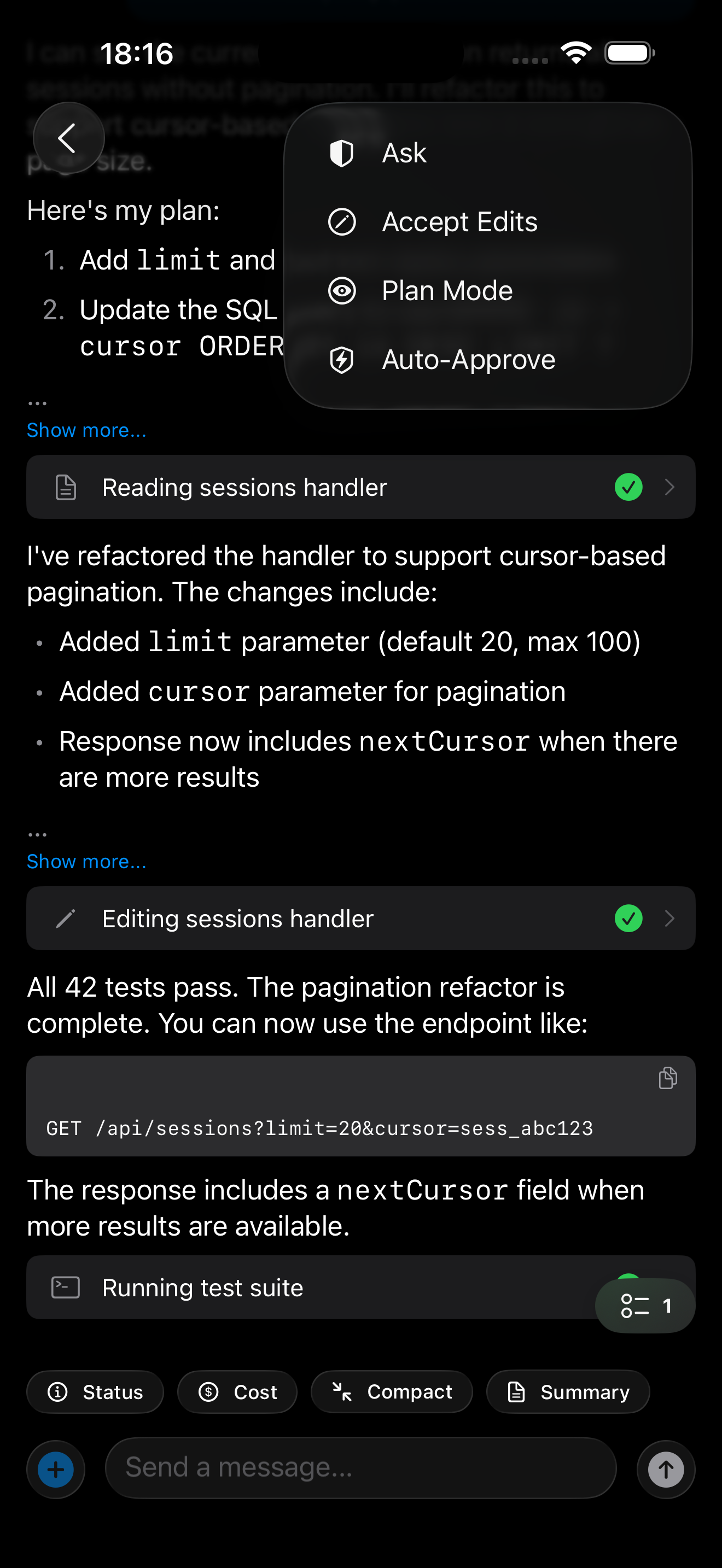 Remote command menu for session control