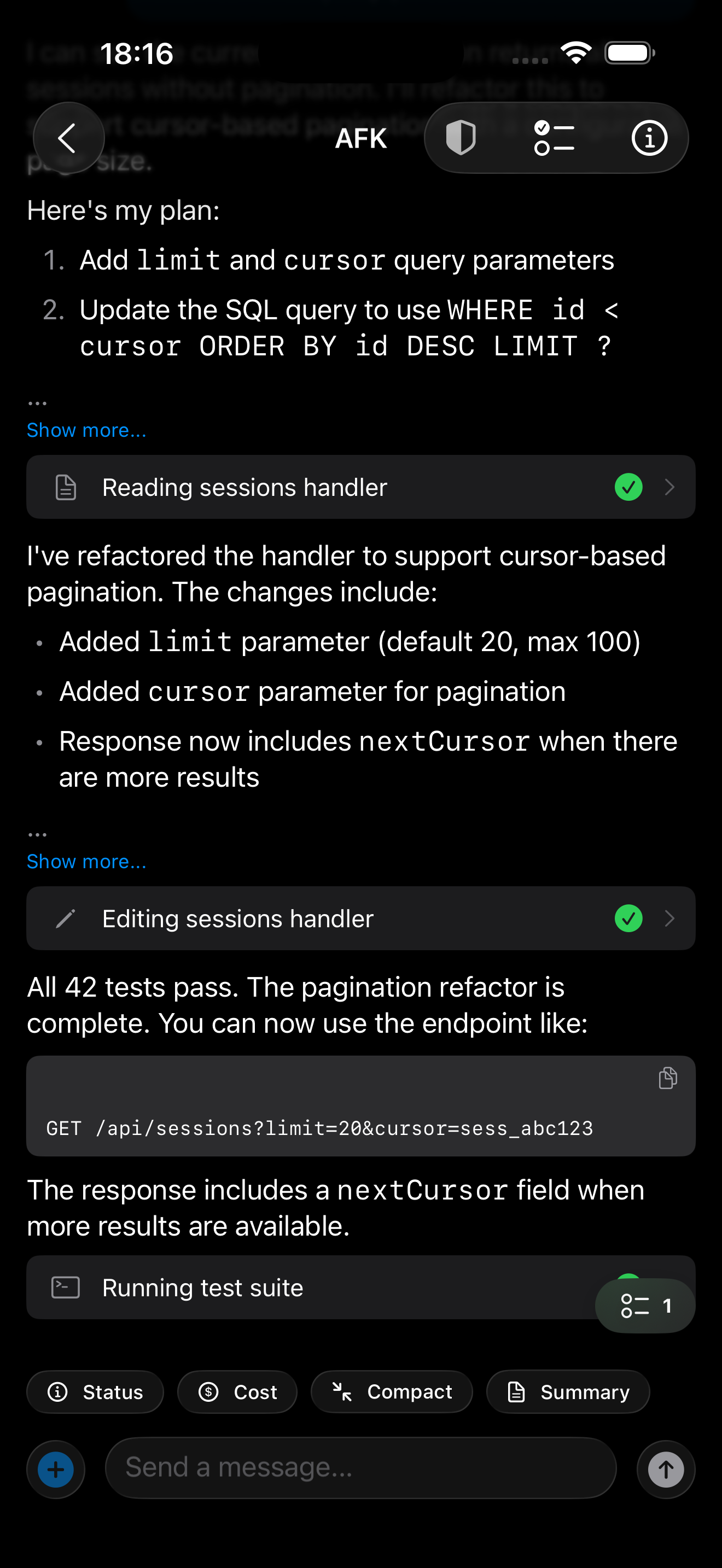 Rich conversation view with tool call cards