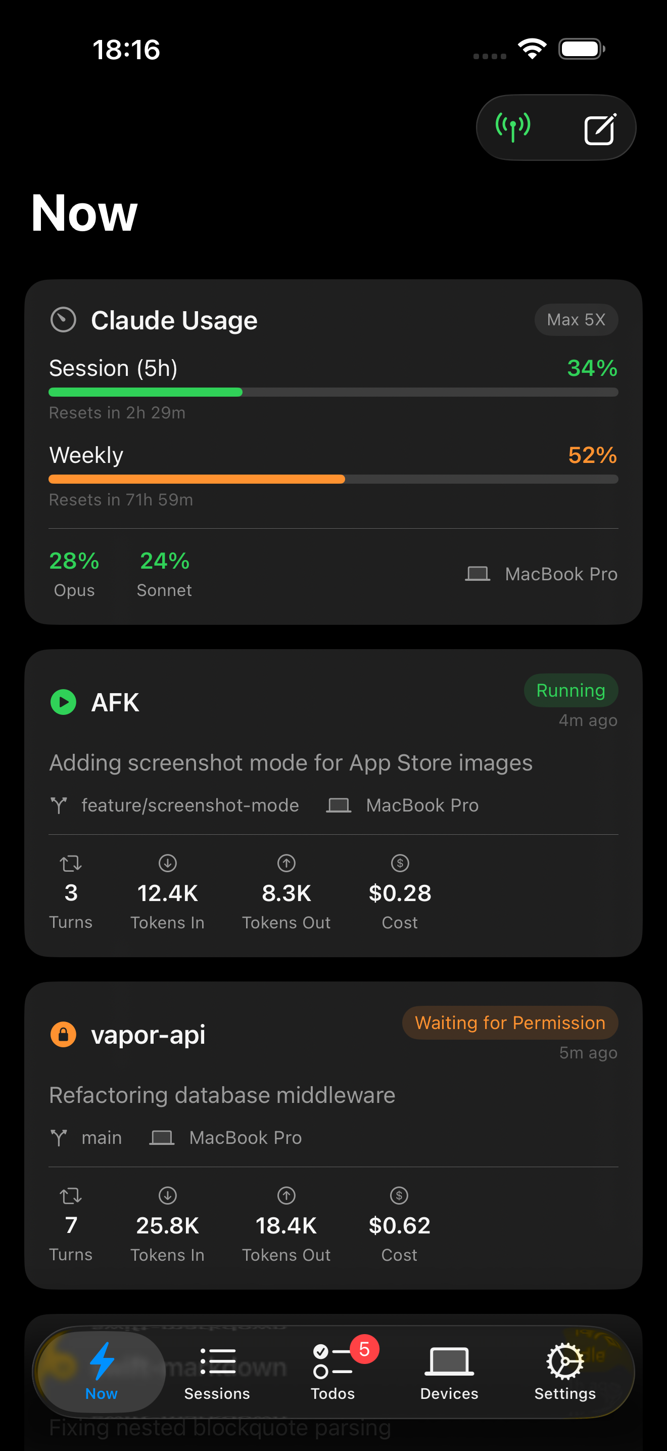 Live dashboard showing Claude usage and active sessions