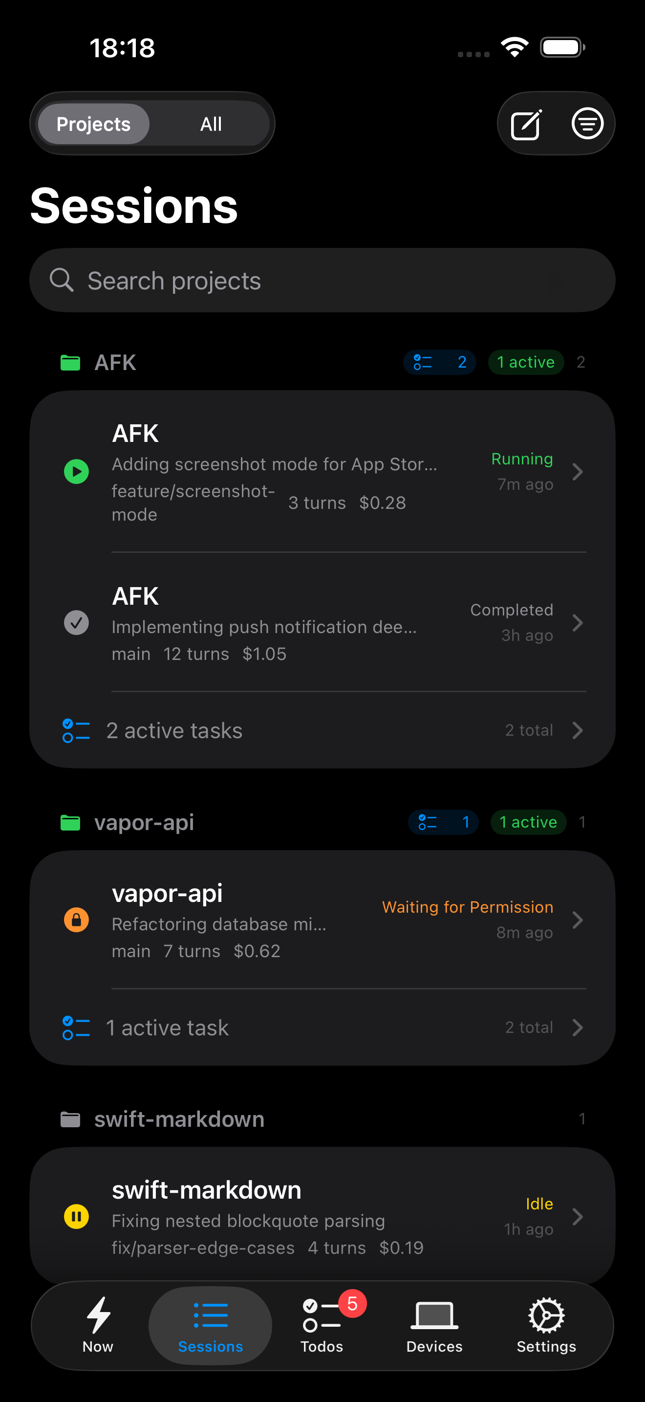 Sessions grouped by project with status indicators